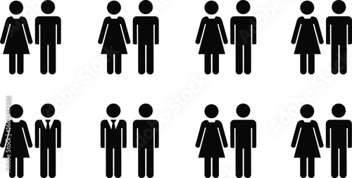 Silhouettes of eight stick figure pairs with varied gender and attire, ideal for UI, demographic, and relational design use