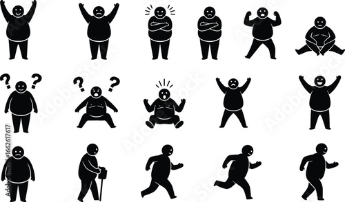Silhouettes of 16 expressive human figures showing emotion, action, and mobility for design, animation, accessibility, and behavioral reference