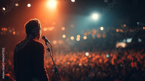 Singer on stage, microphone in hand, performing in front of a large crowd