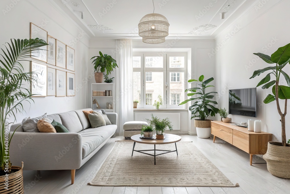 Fototapeta premium Modern minimalist living room featuring plants, cozy furniture, and natural light
