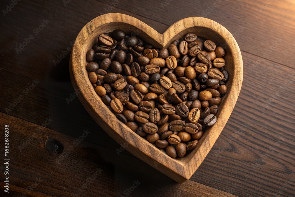 Fototapeta premium Heart-shaped wooden bowl filled with assorted coffee beans on a rustic wooden table