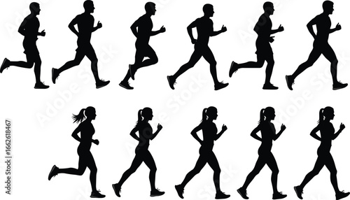 Silhouettes of male and female runners in varied poses, showcasing motion and athletic form for sports, animation, and design reference