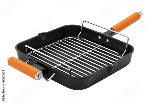 Black square grill pan with silver rack and orange wooden handles isolated on a transparent background