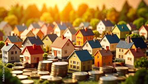 Miniature houses on a bed of coins, bathed in golden sunlight