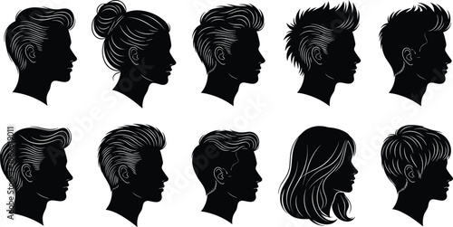 Silhouettes of ten profile heads with varied hairstyles, showcasing texture, volume, and styling for fashion, grooming, and design reference