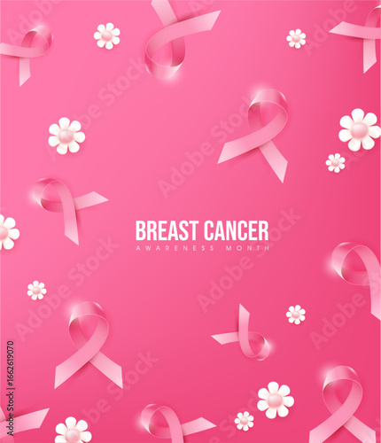 Pink ribbon breast cancer awareness month background decorated with white flowers for campaign poster flyer or banner design