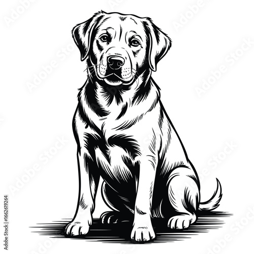 Black and white sketch of a sitting labrador retriever dog
