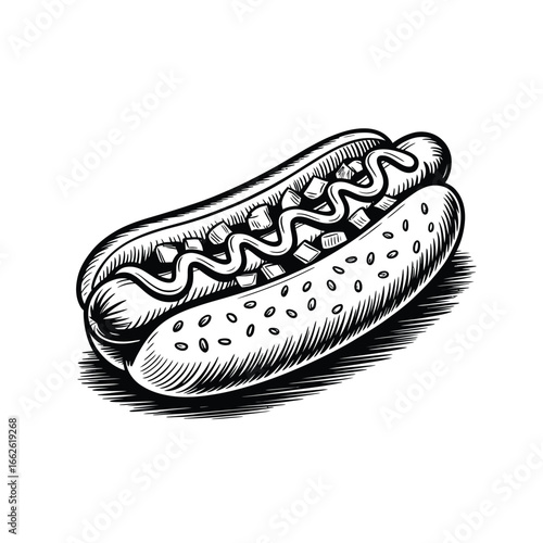 Hand drawn sketch of a classic hot dog with mustard and relish