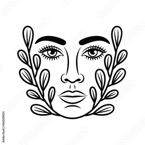 Elegant woman face outline with botanical leaves and eyelashes