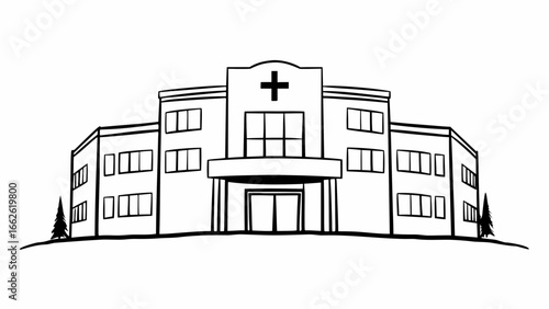 Hospital building clinic medical center healthcare facility with cross architecture design and trees line art medical icons