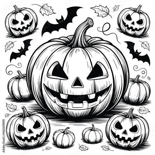 Spooky halloween illustration with carved pumpkins bats and falling leaves