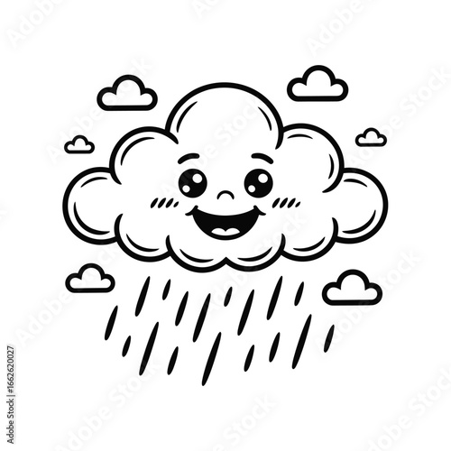 Happy cartoon cloud raining with cute face and small clouds