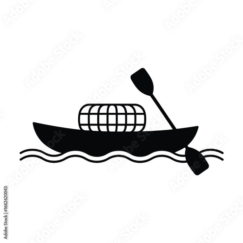 Silhouette of a kayak with a crab pot and paddle on water