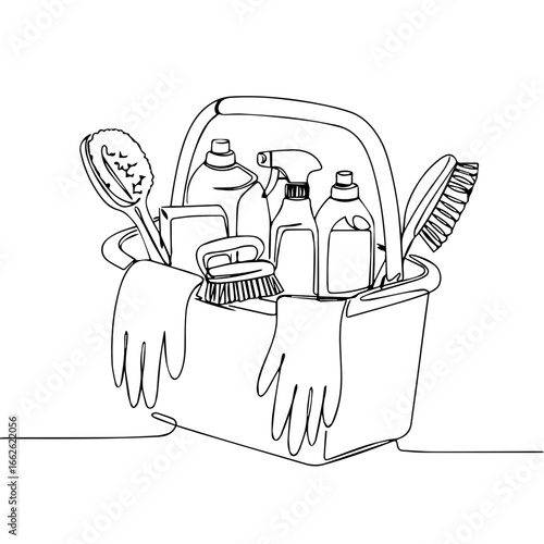 A one-line illustration of cleaning tools inside a basket.