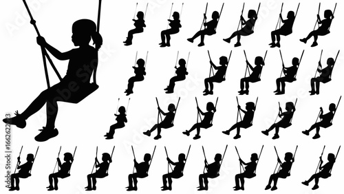 Silhouette pattern featuring children on swings in various poses and sizes on a white background
