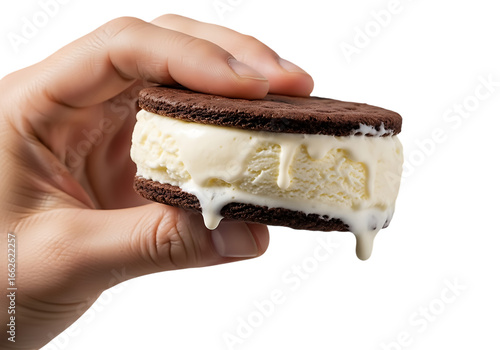 Hand holding a chocolate ice cream sandwich isolated on transparent background