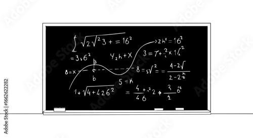 Chalkboard with complex math equations on it. 