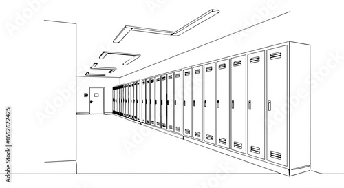 A minimalist illustration of lockers in a hallway.