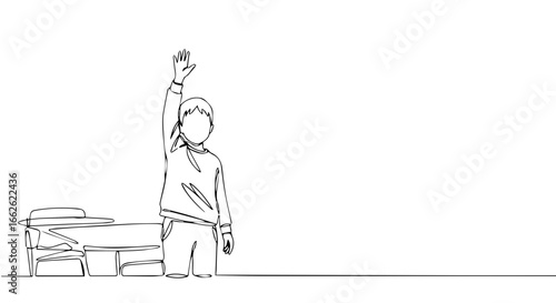 A student is raising their hand to answer a question, eager to participate in class.