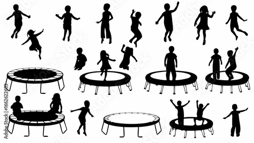 Silhouette illustrations of children jumping and playing on trampolines in various poses and activities