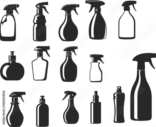 Silhouettes of various spray bottles, cleaning supplies, plastic containers, household products, dispensers, empty bottles, spray nozzles, liquid containers, packaging design.