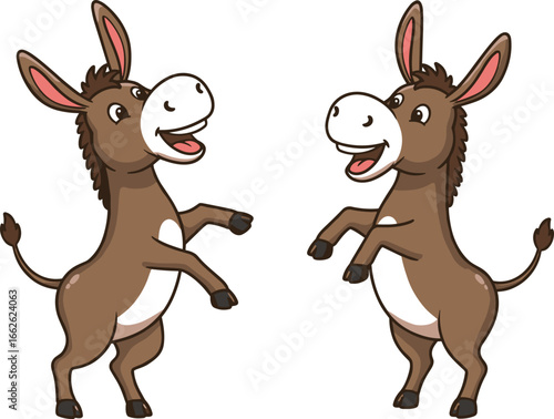 Funny cartoon donkeys standing on two legs, happy mule characters smiling with open mouth, cute farm animal vector illustration for kids, animal design