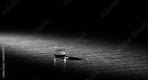 A single, clear water droplet rests on a textured wooden surface, illuminated by a dramatic spotlight creating a strong shadow.