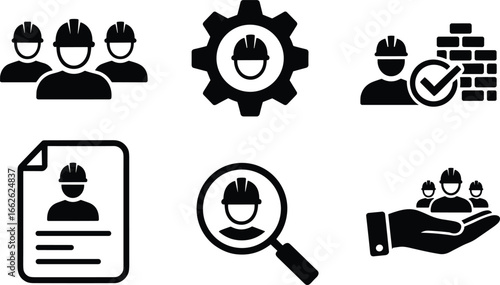 Construction workers icon set, engineering vector design, labor recruitment symbols, contractor team management, black silhouette clipart, safety job tools