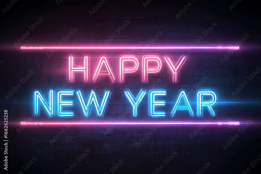Obraz premium Brighten your holiday designs with this vibrant neon Happy New Year sign, perfect for adding a modern, festive touch to social media, invitations, and marketing materials