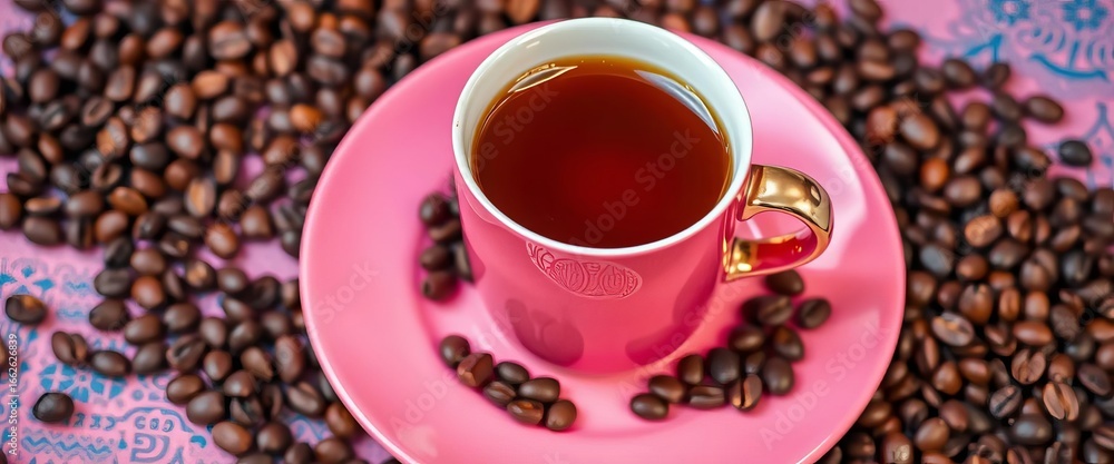 Obraz premium Warm coffee mug on vibrant pink plate nestled amongst aromatic coffee beans, breakfast, delicious