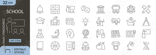 School icons set. Includes symbols for books, classroom, pencil, blackboard, backpack, graduation cap, learning, and education tools. Line style, editable stroke. Perfect for apps and infographics.