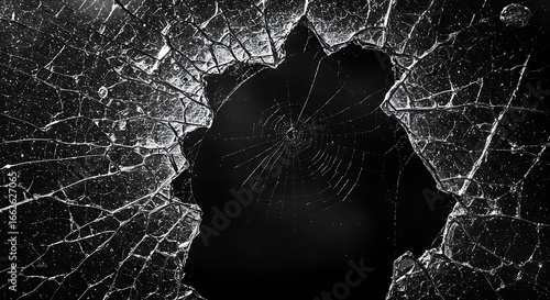 A detailed close-up of shattered glass with a large hole and intricate cracks against a stark black background.