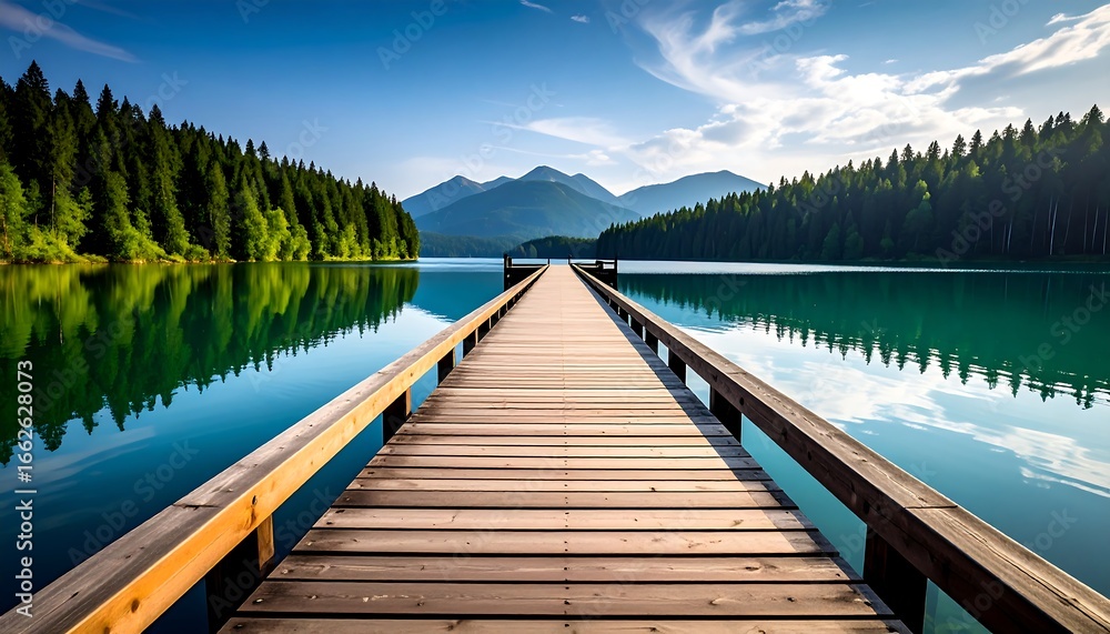 Fototapeta premium Tranquil lake vista with wooden pier