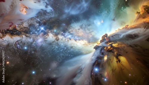 A breathtaking panoramic view of a vast cosmic nebula glowing in deep blues and golds