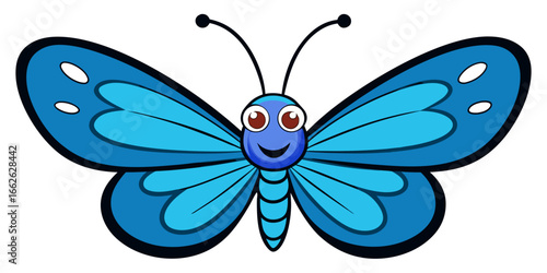 Stylised blue butterfly illustration, vector artwork with clean white backdrop.
