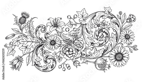 engraving illustration of victorian, rococo, baroque style elements. book cover, social media, t shirt design application
