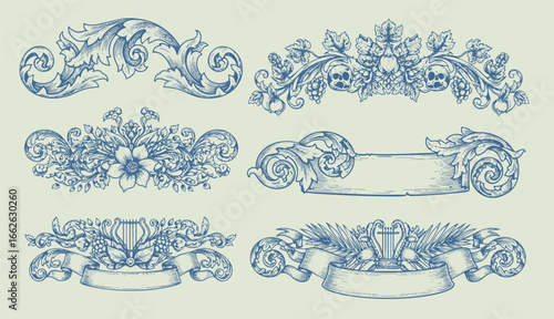 Classical luxury old fashioned royal baroque, historical ornament with lilies, victorian floral Clip art, set of elements for design Vector illustration.