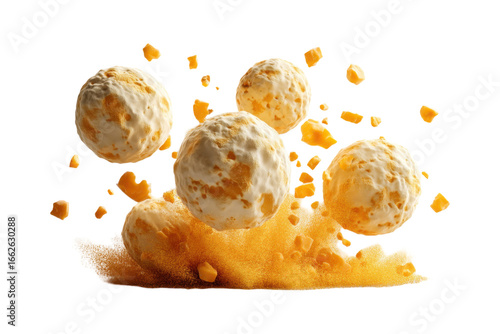 Delicious brazilian cheese bread flying on a transparent background with crispy crumbs