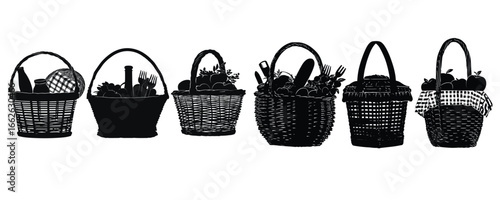 set of basket silhouette for food market and picnic decoration design