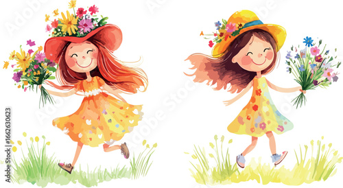 Two happy young girls in yellow dresses holding colorful bouquets of flowers in a meadow