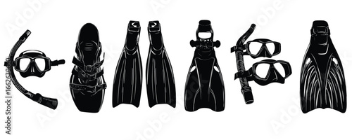 set of diving equipment silhouette with fins snorkel and mask for water sport and summer design