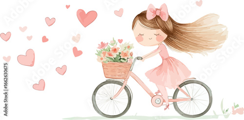 Whimsical illustration of a young girl with flowing hair riding a bicycle with a flower basket