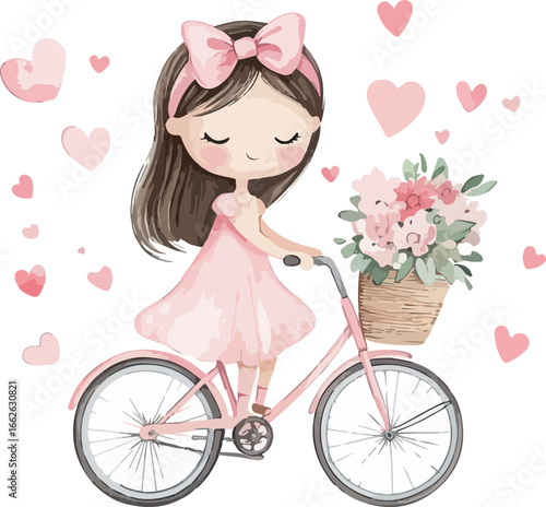 Charming illustration of a little girl in a pink dress riding a bicycle with a flower basket
