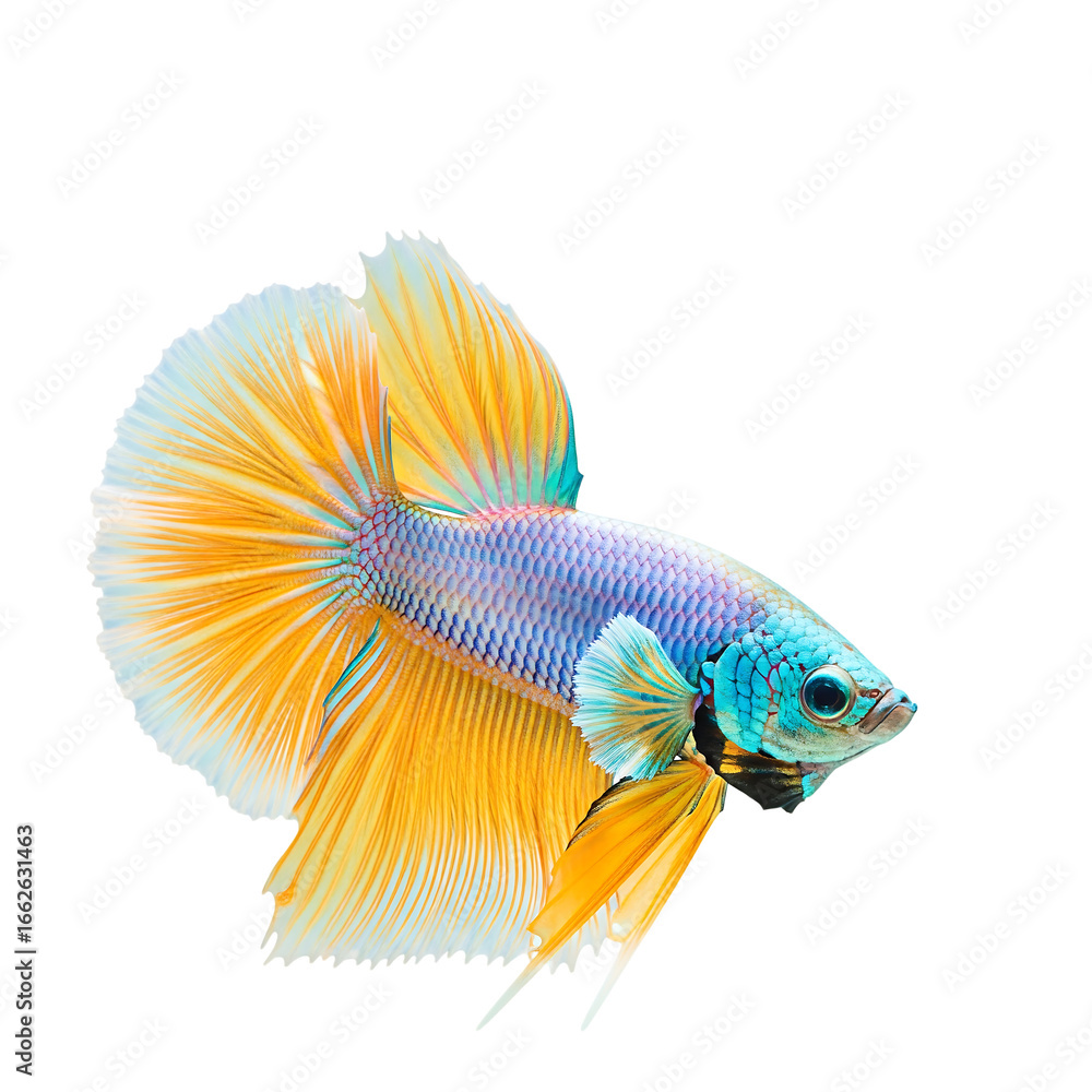 Fototapeta premium Siamese fighting fish with vibrant blue and yellow fins swimming isolated on a transparent background