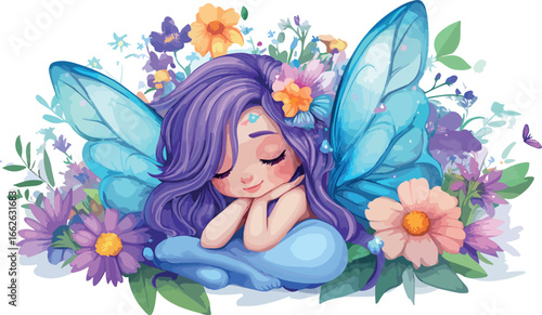 Adorable purple haired fairy with translucent blue wings rests peacefully amongst colorful wildflowers