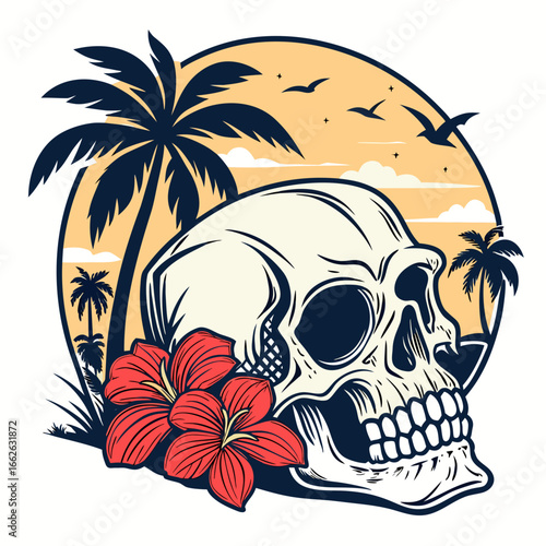 Pirate skull with palm tree on tropical beach illustration