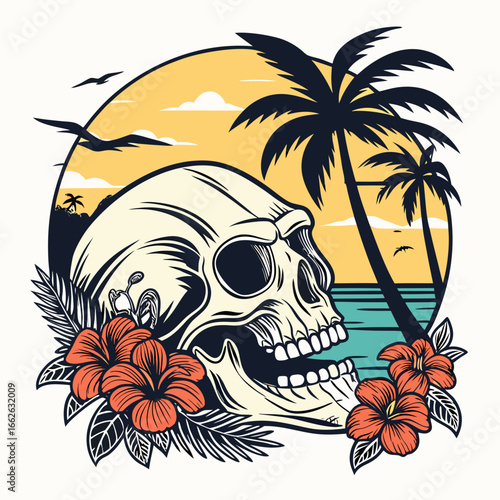Pirate skull with palm tree on tropical beach illustration