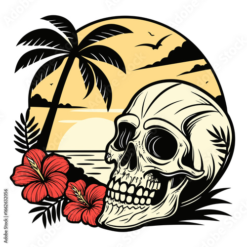 Pirate skull with palm tree on tropical beach illustration