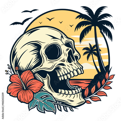 Pirate skull with palm tree on tropical beach illustration