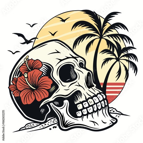 Pirate skull with palm tree on tropical beach illustration